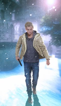 a man is walking in the snow with an umbrella on his shoulder and holding a knife