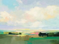 an abstract painting of green, blue and pink clouds in the sky over a field