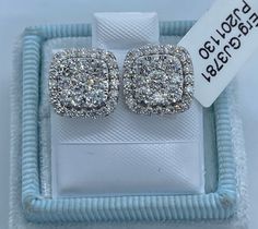 Classy Diamond Stud Earrings set in white gold is feminine and very beautiful. These are very nice size diamond earring studs that will brightens anyone's face. Excellent craftsmanship, all diamonds are set with minimal prongs for extra sparkles. Beautiful soft square shape of these cushion diamond studs looks pretty and different than just a round stud. The screw backings gives you a nice and secure fit. Earring measures about 11.2mm x 11.2MM. Genuine Round Brilliant Cut Diamonds Total weight: Square Diamond Studs, Gold Diamond Stud Earrings, Cushion Halo, Gold Diamond Earrings Studs, Gold Diamond Studs, Cushion Diamond, Streetwear Men, Diamond Earring, Earring Studs