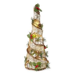 a christmas tree made out of wire with lights and decorations on the top, sitting in front of a white background