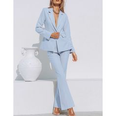 Light Blue One Button Blazer and Pants Set Spring Blue Office Pants, Blue Single-breasted Pantsuit For Office, Blue Single Breasted Pantsuit For Office, Blue Single-breasted Pantsuit For Spring, Blue Single Breasted Pantsuit For Spring, Full Sleeve Top, One Button Blazer, Polyester Pants, Collars For Women