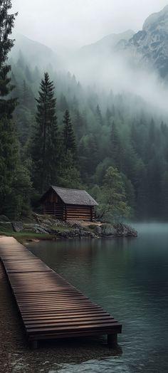 a dock sitting on top of a lake next to a lush green forest covered hillside