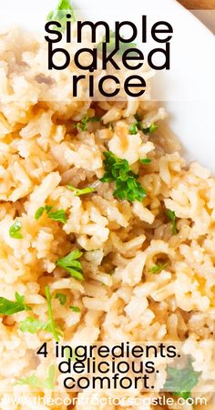 a white plate topped with rice and garnished with parsley on the side