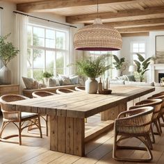 a large wooden table sitting inside of a living room