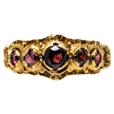 14k yellow gold ring. This ornate ring is a band style set with graduated, round-faceted, medium to dark color garnets, approximately 0.38 TCW, decorated with an ornamented pierced frame. Marks: 14k Dimensions: 9/16" across the top x 9/32" wide Weight: 1.5 gross dwt ring size: 6 Ornate Ring, Graduation Rings, Antique Wedding Rings, Razzle Dazzle, Antique Wedding, Jewelry Lookbook, Dark Color, Yellow Gold Ring, Dream Jewelry