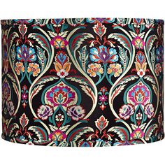 a black lamp shade with colorful flowers on it