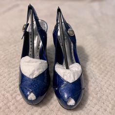 Brand New, Never Worn Bcbgirls Patent Leather High Heels. They Are A Navy Blue Almost Marble Pattern. Heel Measures 4” Excellent Condition As They Have Been In Storage For A While. Blue Open Heel Shoes With Buckle Closure, Blue Open Heel Heels With Buckle Closure, Blue Slingback Pumps With Pointed Toe, Blue Fitted Slingback Pumps With Pointed Toe, Blue Fitted Slingback Pumps For Spring, Chic Fitted Blue Slingback Pumps, Blue Ankle Strap Slingback Pumps With 4-inch Heel, Blue Fitted Slingback Pumps For Party, Fitted Blue Slingback Pumps For Party