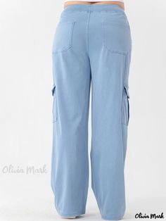 Olivia Mark - Womens Plus Size High Stretch Wide Leg Cargo Jeans with Flap Pockets - Solid Elastic Casual Denim Everyday Denim Bottoms With Pockets, Everyday Light Wash Cargo Jeans With Pockets, Casual Blue Cargo Jeans, Everyday Blue Cargo Jeans With Pockets, Spring Bottoms With Pockets For Everyday Use, Blue Cotton Cargo Jeans For Everyday, Casual Cotton Bottoms For Everyday Use, Medium Wash Cotton Bottoms For Everyday, Cotton Bottoms With Pockets For Everyday Use