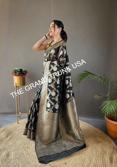 Rich Black Zari Woven Linen Silk Saree, Traditional Saree, Indian wedding partywear sarees,  Bollywood Cotton Silk, Cotton Linen Saree Gift by TheGrandTrunkUSA on Etsy Partywear Sarees, Linen Silk Saree, Saree Traditional, Brocade Blouse, Brocade Blouses, Traditional Saree, Linen Saree