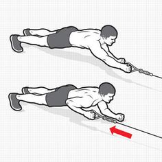 an image of a man doing push ups on skis with red arrow pointing to the right