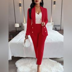 Look Stylish And Professional In This Chic Womens Pants Suit! Crafted With A Beautiful Red Hue, This Ensemble Features An Open Front And Brings Sophistication To Any Outfit. With A Versatile Look That Is Perfect For Both Casual And Formal Occasions, You Will Love Styling The Pieces Of This Pant Suit Together Or Separately. The Bright Red Color Exudes Subtle Sophistication For A Timeless Look That Can Never Go Wrong. Elevate Your Wardrobe With This Timeless Addition. - Red -Open Front -Womens Pan Womens Red Suits, Formal Sets For Women, Blue Zone, Suit Blue, Suit Collar, Blazer Set, Classic Suit, Knit Style, Casual Suit