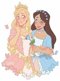 two girls dressed as princesses, one holding a rose and the other looking at her face