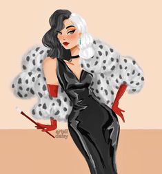 a drawing of a woman in a black dress and red gloves with a fur coat