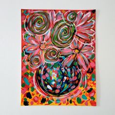 an abstract painting with flowers in a vase