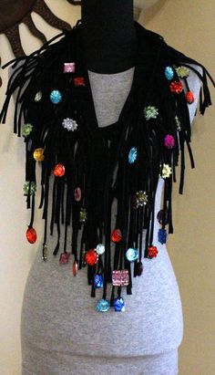 Most popular Black Jersey Jewels Art Deco Fantasy infinity scarf hand sewn gems  by KariLynnsKumfortshop, $235.00 Bohemian Black Handmade Scarf, Luxury Black Bohemian Scarves, Artistic Black Silk Scarves, Artistic Black Silk Scarf, Gothic Crochet Scarves & Shawls