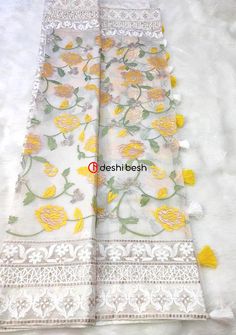 Exclusive Boutique Designer Muslin Saree - db20735 Embroidered Cotton Silk Traditional Wear For Summer, Summer Embroidered Cotton Silk Traditional Wear, Spring Cotton Silk Dupatta With Embroidery, Spring Embroidered Cotton Silk Dupatta, Summer Cotton Silk Dupatta With Chikankari Embroidery, White Bohemian Cotton Silk Dupatta, White Bohemian Designer Dupatta, Spring Bollywood Dupatta With Cutdana, Bollywood Style Cutdana Dupatta For Spring