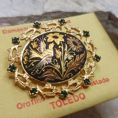 Toledo Damascene Flower Dove Brooch 24k Gold Plate And Black Enamel With Emerald Green Rhinestone And Rainbow Effects On Wings, Flowers And Leaves. Made In Spain Vintage Fans, Flowers And Leaves, Black Enamel, Toledo, Emerald Green, Emerald, Gold Plate, Spain, Women Jewelry