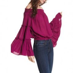 Free People Free Spirit Off Shoulder Wide Sleeve Blouse In Pink. A Cozy But Breathable Look And With On-Trend Style. - Cropped Off The Shoulder Elasticized Top - Elasticized Waistband - Bell Sleeves - Dark Pink Color - Micro Textured For Added Dimension - Nwt Spring Layering Off-shoulder Tops, Off-shoulder Tops For Spring Layering, Spring Off-shoulder Tops For Layering, Trendy Top With Blouson Sleeves For Brunch, Casual Tops With Blouson Sleeves For Brunch, Casual Blouson Sleeve Top For Brunch, Flowy Purple Tops, Chic Purple Flowy Top, 50 Is Not Old