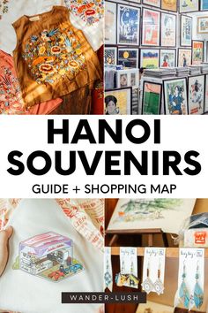 hand souvenirs on display with text overlay that reads, hang souvenirs guide + shopping map