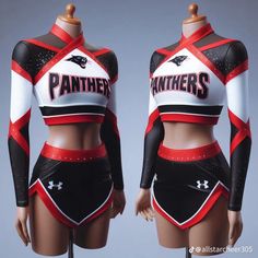 two mannequins dressed in black and red cheerleader outfits, one with the word pantheres on it