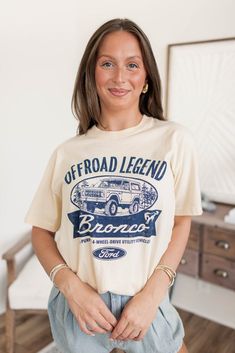 Get ready to take on the wild with the Bronco Vintage Tee. Made with a retro design and comfortable fit, this tee is perfect for any adventure. Model is 5’4 wearing a size small S 2-4, M 6-8, L 10-12, XL 12-14 Vintage Tee Fits True to Size Screen-Printed Sporty Outdoor Tops With Screen Print, Outdoor Relaxed Fit Top With Front Print, Outdoor Graphic Tee With Crew Neck, Graphic Tee With Crew Neck For Outdoor, Casual Outdoor Tops With Front Print, Trendy Outdoor Graphic Print T-shirt, Sporty Screen Print Tops For Outdoor Activities, Casual T-shirt With Graphic Print For Outdoor Activities, Casual Crew Neck Top For Outdoor Activities