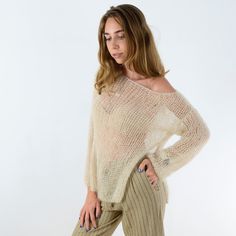 Beige Mohair Sweater For Fall, Casual Mohair Fine Knit Sweater, Beige Mohair Long Sleeve Sweater, Beige Mohair Soft Knit Sweater, Beige Mohair Sweater, Casual Mohair Tops For Fall, Casual Mohair Sweater In Beige, Sweater Off Shoulder, Lurex Sweater