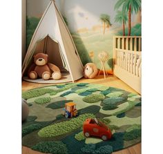 a child's room with a teepee tent, teddy bear and toy cars