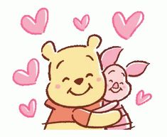 winnie the pooh and piglet hugging each other with hearts in the air behind them