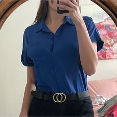 Slightly Oversized Royal Blue Button Down Blouse. Short Sleeved. Never Worn Blue Polo Shirt Outfit Women, Royal Blue Outfits, Royal Blue Shorts, Polo Shirt Outfits, Outfit Korean, Blue Polo Shirts, Blue Outfit, Blue Shorts, Colourful Outfits