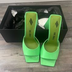 Devon Mule “Neon” New W Box Modern Green Open Heel Heels, Modern Green Heels With Contrasting Heel Counter, Modern Green Heels, The Attico, Shoe Game, Devon, Mule, Women's Shoes Sandals, Shoes Sandals