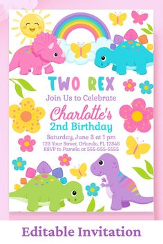 a birthday party with dinosaurs, flowers and butterflies on the front is shown in pink