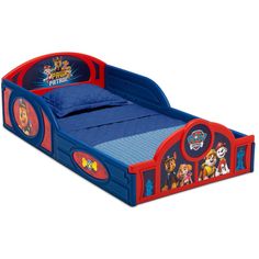 the paw patrol toddler bed is blue with red trim and features paw characters on it