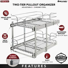 the two tier pullout organizer is shown with instructions for each item in this package