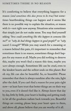 an open book with black and white writing on the page, which reads sometimes there is no reason it's comforting to believe that everything happens