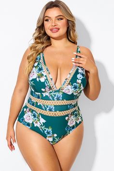 Floral Print Plunge V-neck One Piece Swimsuit V-neck Bodysuit For Beach Season Swimming, V-neck Lined Bodysuit For Swimming, Green V-neck Bodysuit For Beachwear, Green V-neck Bodysuit For Beach Season, V-neck Swimwear For Beach Season, Summer V-neck Swimwear, V-neck One Piece For Poolside, Green V-neck Swimsuit Bodysuit, Green V-neck Swimming Bodysuit