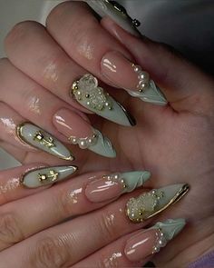 Cute Almond Nails Design Winter, Coastal Nails Aesthetic, Greek Goddess Nails Designs, Winter Birthday Nails Almond, Light Blue Pearl Nails, Nails Acrylic Pearl, Fun Nails Almond, Prom Nails Aesthetic, Greek Summer Nails