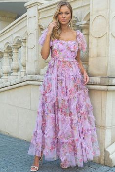 Fairytale Floral Tulle Puff Sleeve Bow Tie Layered Ruffle Maxi Gown Dr Floral Gown Dress, Tie Maxi Dress, Floral Gown, Maxi Gown Dress, Soft Tulle, Tie Bow, Maxi Gowns, Printed Maxi, Tulle Dress