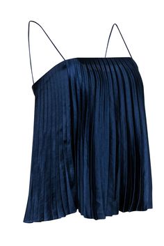 Elevate your evening ensemble with this chic accordion cami from Vince. Boasting a soft and sleek satin material in a gorgeous navy, this perfectly pleated top is perfect for date night. Style it with light-wash denim or a maxi skirt for a lovely look. Size XS 100% Polyester Pullover Spaghetti straps Straight neckline Pleated Bust 29.5" Waist 37" Shoulder to hem 21.5" Chic Silk Pleated Top, Chic Pleated Silk Top, Chic Pleated Tops For Night Out, Chic Satin Camisole For Evening, Elegant Folded Top For Evening, Elegant Evening Tops With Folds, Silk Chic Camisole For Date Night, Chic Silk Camisole For Date Night, Chic Blue Evening Tank Top