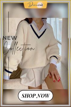 V-neck Long Sleeve College Style Sweater Women Preppy V-neck Tops For Fall, Crewneck Style, College Style, Style Sweater, Color Pick, Sweater Women, College Fashion, White Collar, Sweaters For Women