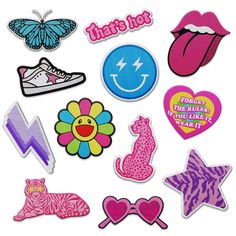 various stickers with different designs and colors on them, including one that's hot