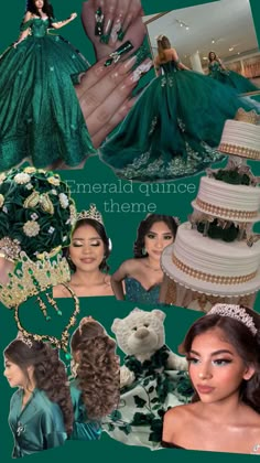 a collage of photos with green and gold wedding gowns, tiaras, and jewelry