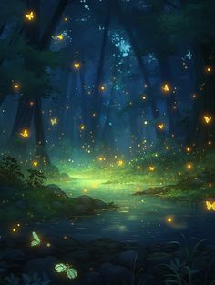 a forest filled with lots of yellow glowing butterflies flying over the trees and water at night