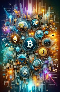 an abstract background with many different symbols and colors, including the bitcoin symbol