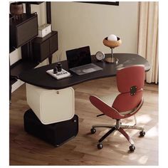 a computer desk with a laptop on it and a chair in front of the desk