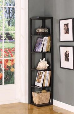 the corner shelf has books and magazines on it