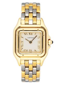 Cartier Panthere W25040L6 Two Tone V-Link Ladies Watch TOP BRANDS Rolex Audemars Piguet Omega Patek Philippe Cartier Breitling All Cartier Panthere W25040L6 / 1070 Ladies Watch. 22mm 18K yellow gold case. 18K yellow gold smooth bezel. Gray dial with gold hands and Roman numeral hour markers. 18k yellow gold & stainless steel V-Link bracelet with hidden butterfly clasp. Will fit up to a 5.75-inch wrist. Sapphire crystal. 18K yellow gold case back. Quartz: battery powered movement. This watch is backed by our two year warranty. Phigora Guarantee Two Years Warranty Free Shipping & Returns Specifications SKU CW25040L6GRRB-1 Model Panthère Gender Ladies Watch Style Luxury Shape Square Case Material 18k Yellow Gold Movement Quartz Condition Quartz Dial Color Gray Band Material Steel-&-18k-yellow Cartier Panthere, Roman Numeral, Gold Hands, Gold Case, Ladies Watch, Patek Philippe, Audemars Piguet, Roman Numerals, Luxury Watch