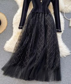 Elegant Knitted Tulle Splicing Dress P319Fabric: blendedColor: blackSize(cm): S, MS length 120 bust 80-120 waist 80-106 sleeve length 54M length 121 bust 84-124 waist 84-110 sleeve length 55 Preppy Dresses, Fashion Illustration Dresses, Self Design, Fashion Sewing, Dress Backs, M S, Fashion Illustration, Tulle Skirt, Designer Dresses