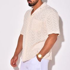 Summer Trendy Breathable Knit Mens Shirt Short Sleeve Lapel Buttoned Knitted Tops Beach Style Vintage Jacquard Crochet Knitwear SPECIFICATIONS Material: POLYESTER Shirts Type: Casual Shirts Sleeve Length(cm): short Applicable Season: summer Gender: MEN Item Type: SHIRTS Collar: Turn-down Collar Closure Type: Single Breasted Fabric Type: Broadcloth Shoulder (cm) Bust Size(cm) Length (cm) Sleeve (cm) Suggest Weight (kg) S 41 110 66 24 - M 43 114 68 25 - L 45 118 70 26 - XL 47 122 72 27 - XXL 49 12 Trending Clothes, Dirndl Outfit, Trendy Spring Outfits, Casual Knitwear, Bandeau Tops, 1920s Flapper Dress, Romper Suit, Mini Robes, Short Playsuit