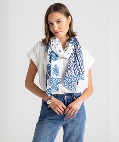 With a patchwork-inspired print featuring indigo patterns from across our spring collection, this cotton wrap scarf adds easy interest to casual, everyday outfits. And depending on how you tie it, you'll get a unique look every time! Dimensions: 27 in. x 72 in.Materials: 100% Cotton Luxury Traditional Batik Print Dupatta, Blue Casual Cotton Scarf, Casual Blue Cotton Scarves, Casual Blue Cotton Scarf, Blue Cotton Summer Scarves, Patterned Cotton Bohemian Scarves, Bohemian Cotton Scarf With Pattern, Casual Everyday Outfits, Indigo Pattern