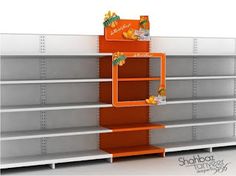 an orange and white shelf in a store with some shelves filled with fruit on them